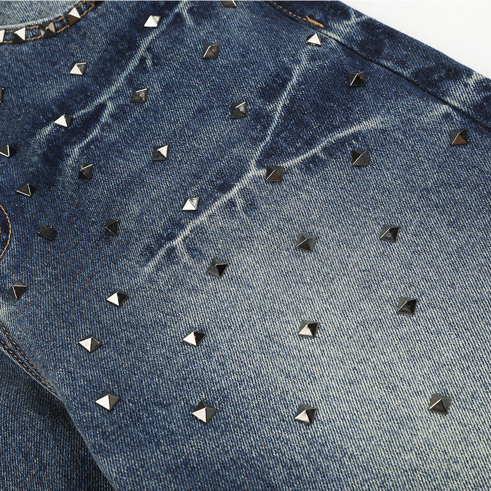 Men's Vintage Wash Wide-Leg Jeans with Metal Pyramid Studs – Retro Blue