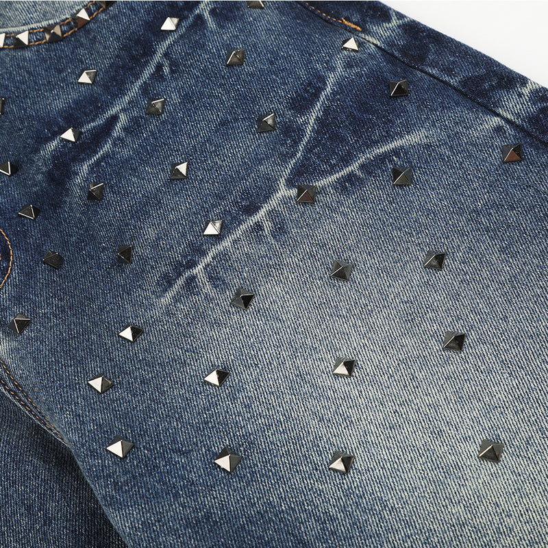 Men's Vintage Wash Wide-Leg Jeans with Metal Pyramid Studs – Retro Blue