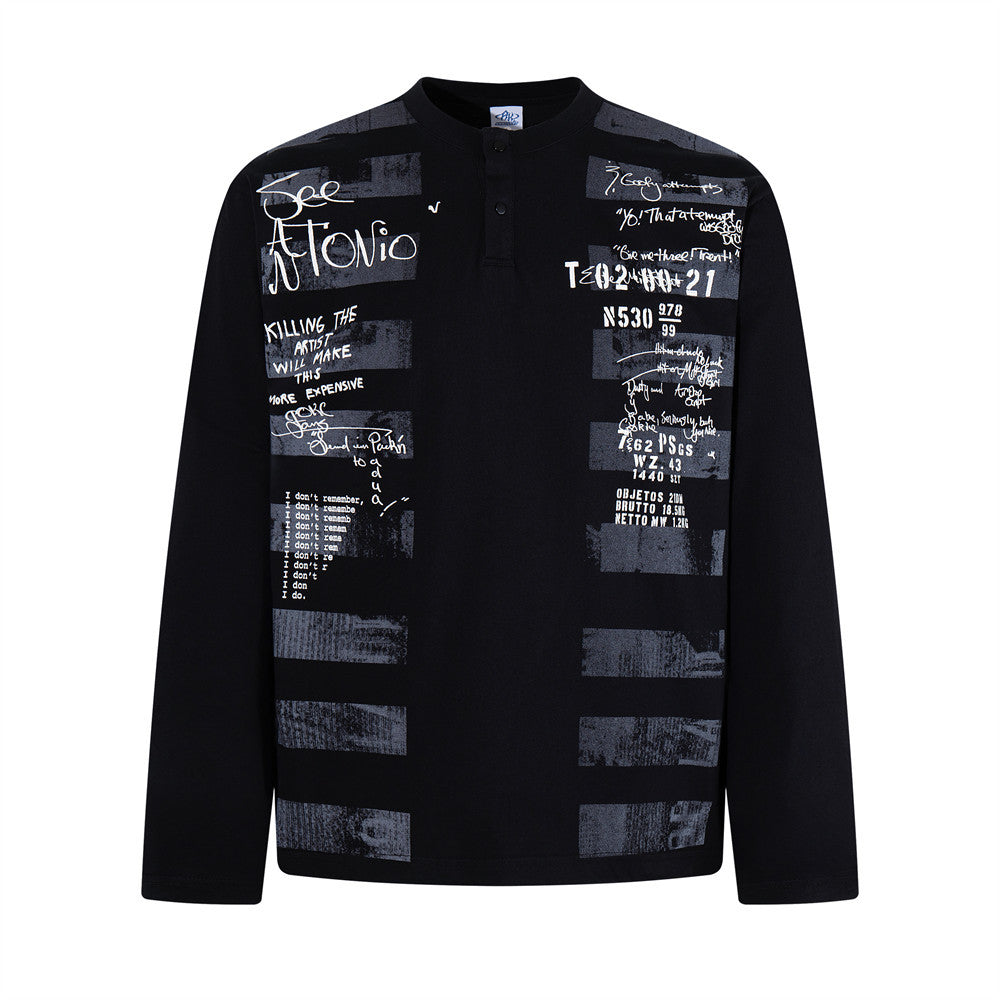 Men's black long-sleeve shirt with hand-drawn graphic print and horizontal stripe block panels on the front
