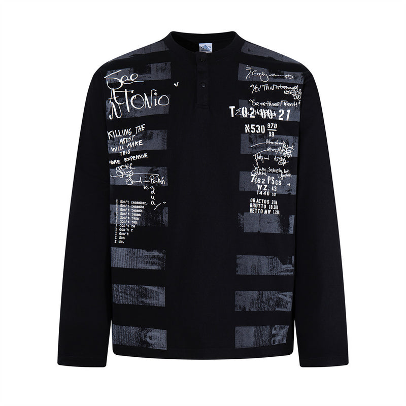 Men's black long-sleeve shirt with hand-drawn graphic print and horizontal stripe block panels on the front
