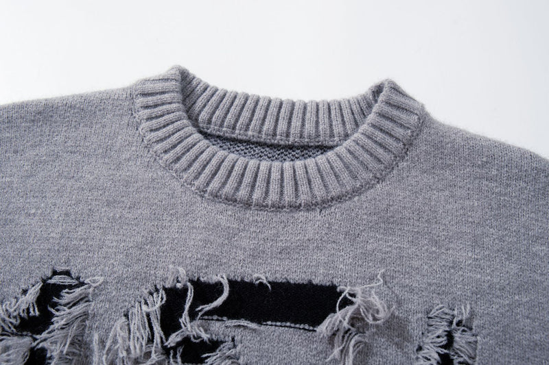 Melbourne Distressed Fringe Knit Sweater – Oversized Streetwear Crewneck