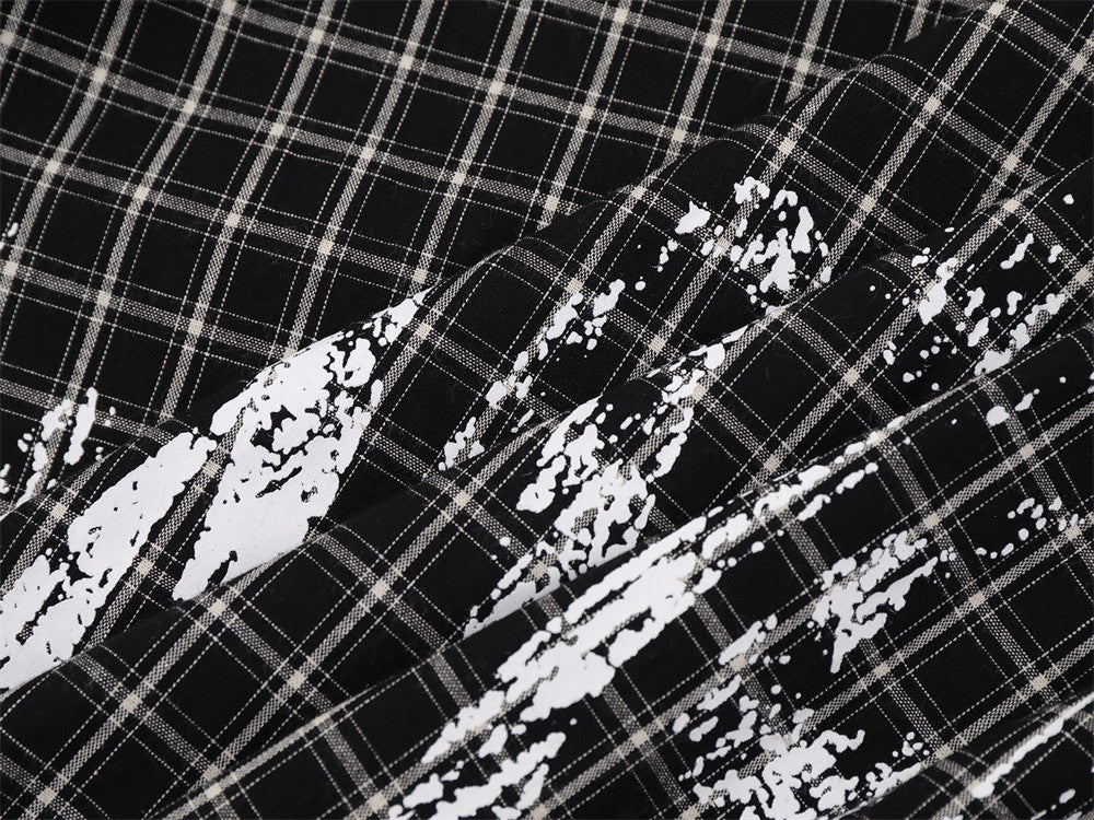Plaid Long Sleeve Shirt – Graffiti Print & Old English Embroidery, Oversized Fit