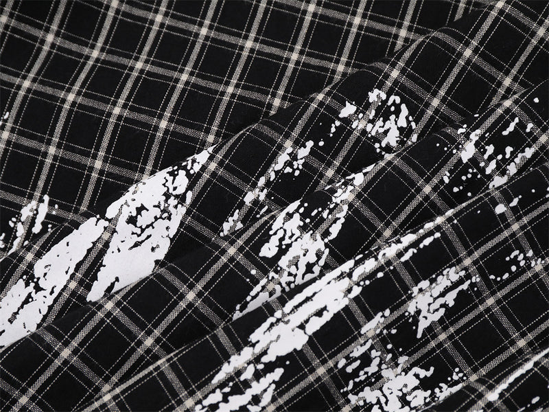 Plaid Long Sleeve Shirt – Graffiti Print & Old English Embroidery, Oversized Fit