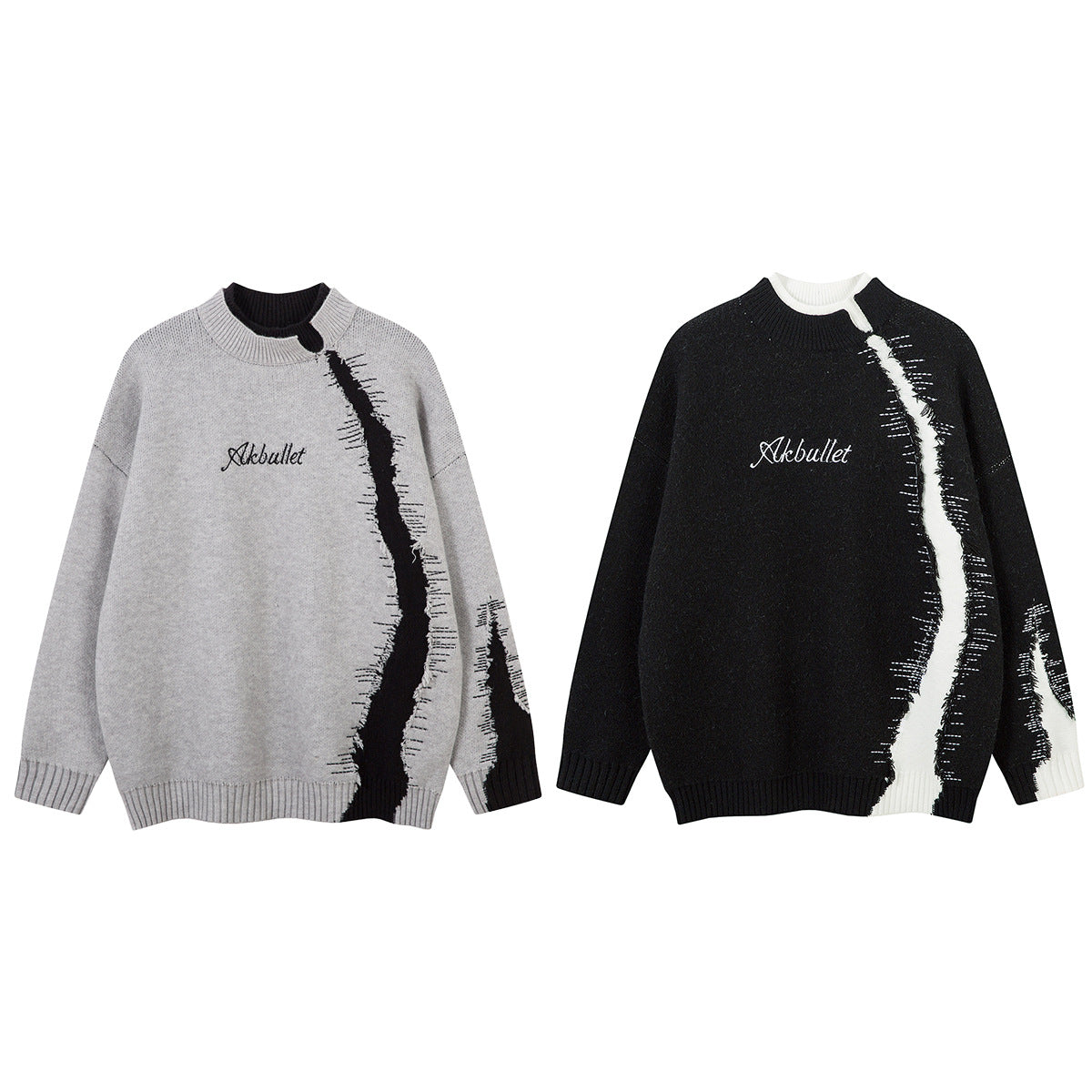 Distressed Knit Sweater with Double-Layer Collar and Raw-Edge Contrast Detail