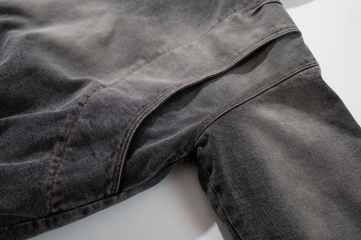 Washed Denim Padded Hoodie Jacket with Embroidered Logo & Sherpa Collar
