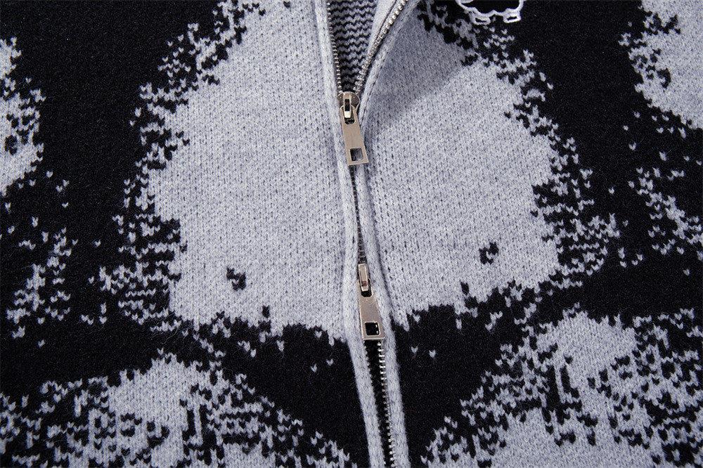 Ink-Splash-Strick-Cardigan mit Reißverschluss – Oversized-Stehkragen