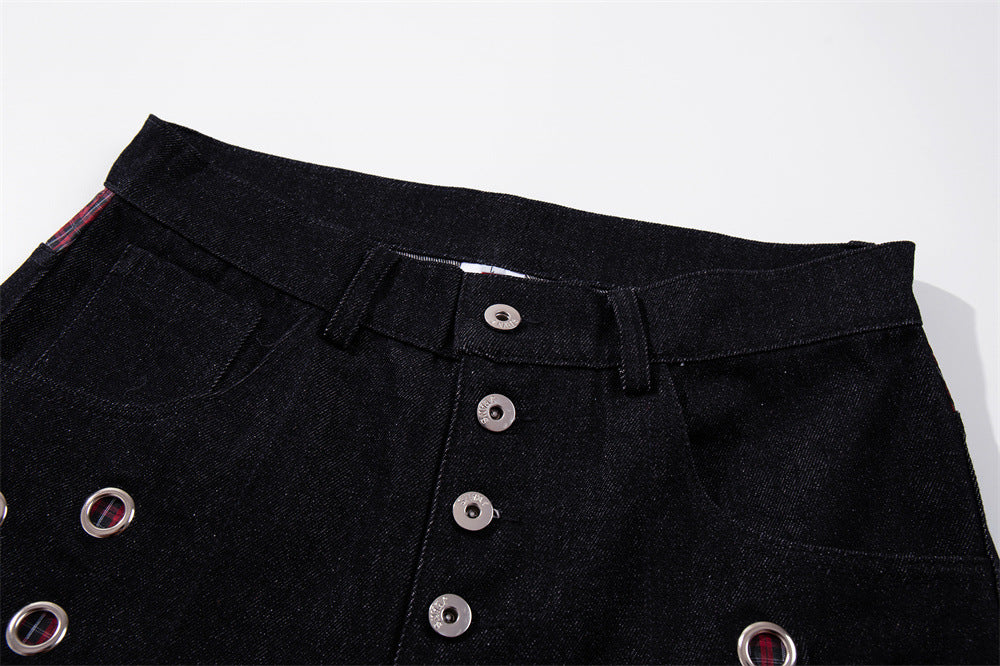 Wide-Leg Denim Jeans with Metal Eyelet Detail & Button Fly