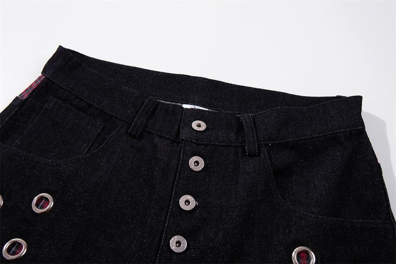 Wide-Leg Denim Jeans with Metal Eyelet Detail & Button Fly