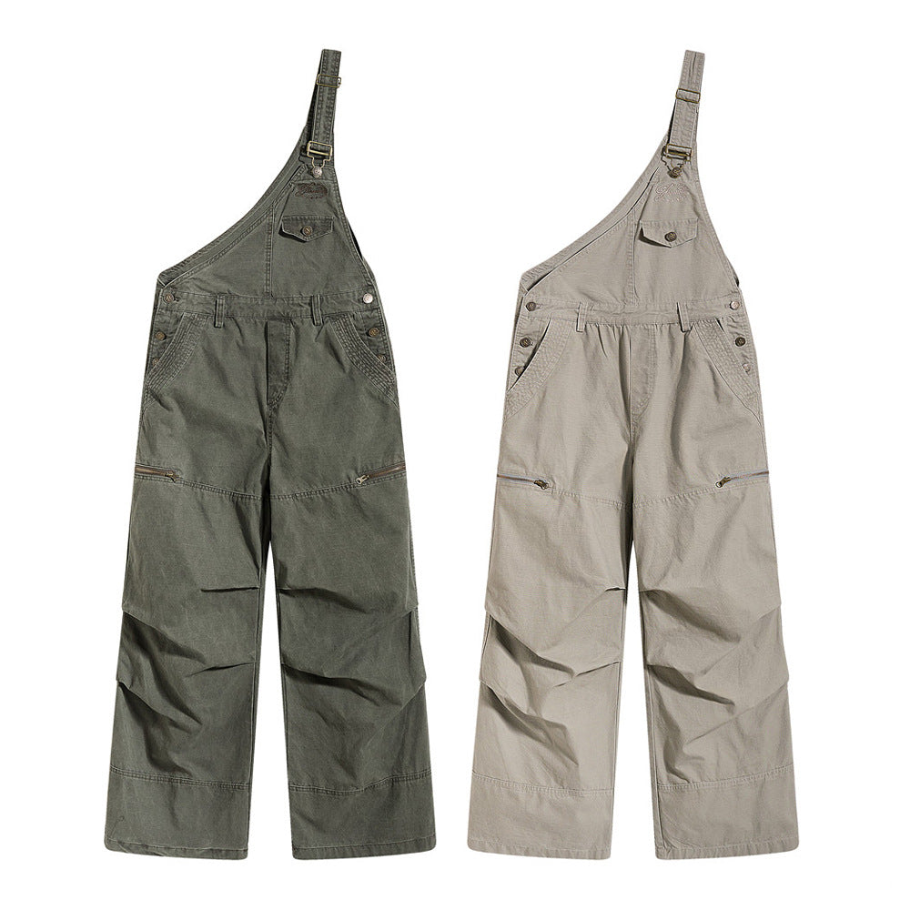 One-Shoulder Bib Overalls – Wide-Leg Cargo Pants with Zip Pockets & Pintuck