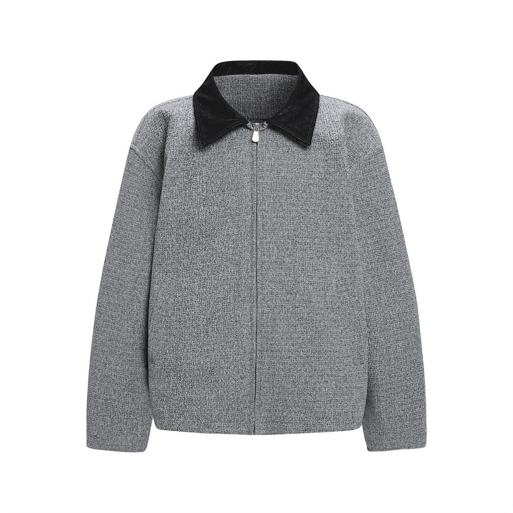 Herrenjacke aus grobem Tweedgewebe in Grau mit kontrastierendem schwarzem Kunstleder-Spitzkragen, Vorder- und Rückansicht