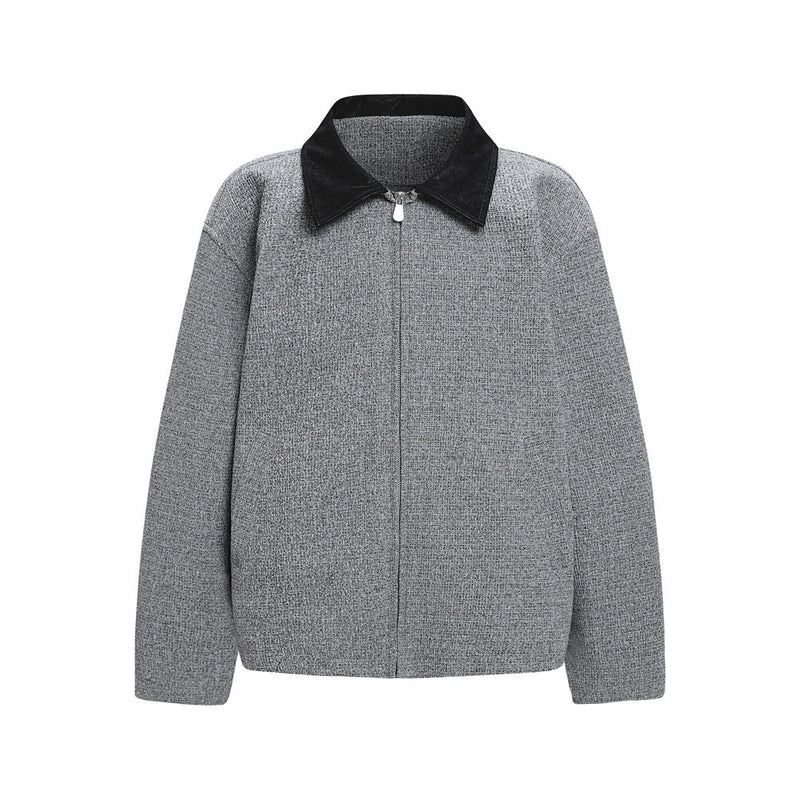 Herrenjacke aus grobem Tweedgewebe in Grau mit kontrastierendem schwarzem Kunstleder-Spitzkragen, Vorder- und Rückansicht