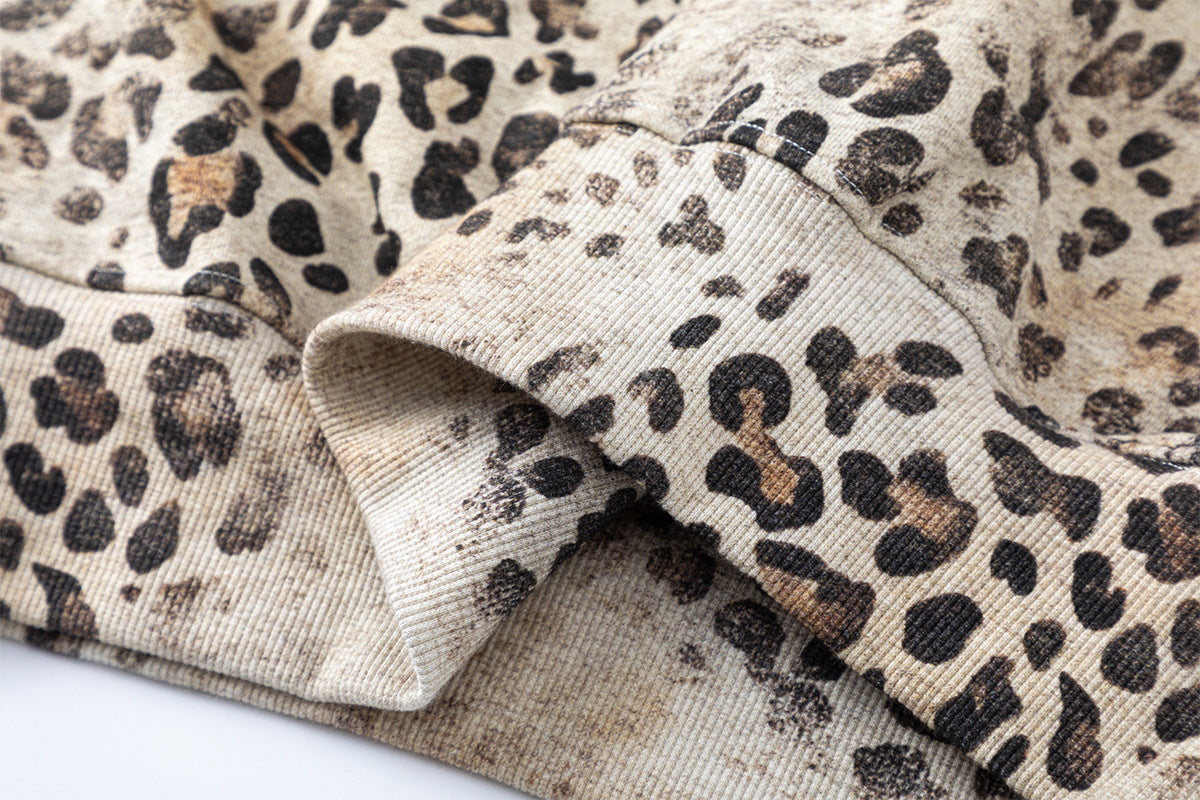 Zip-Hoodie mit Leopardenprint – Vintage-Distressed-Allover-Print, Unisex