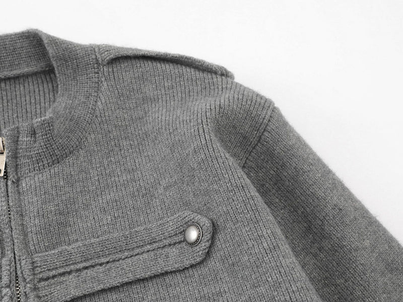Military-Style Knit Zip Cardigan Sweater with Decorative Button Tabs