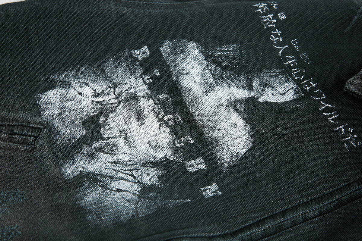 Veste workwear en toile délavée à l'acide – Imprimé graphique japonais, finition usée