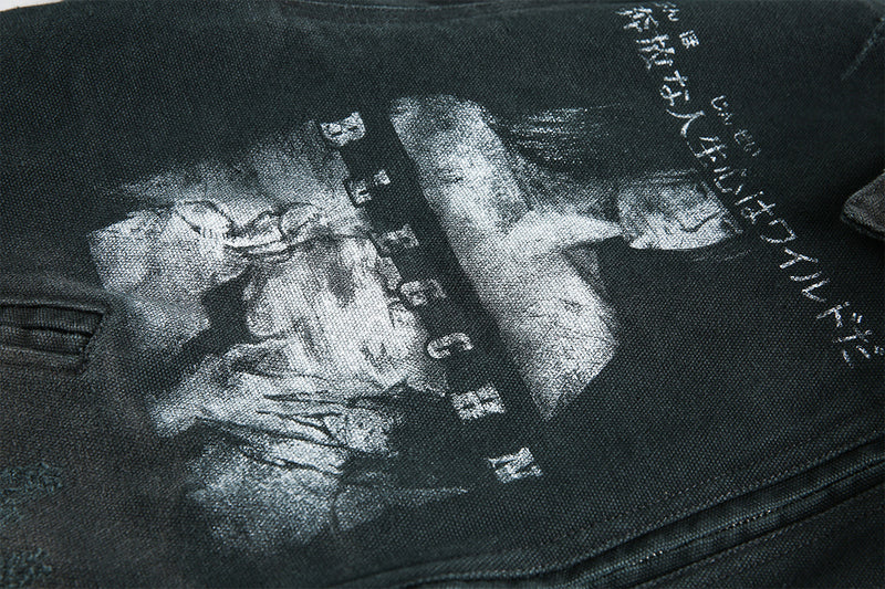 Veste workwear en toile délavée à l'acide – Imprimé graphique japonais, finition usée