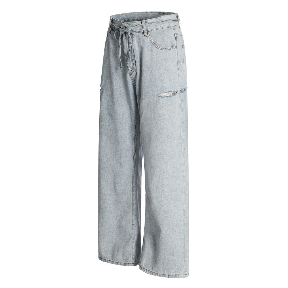 Wide-Leg Distressed Jeans – Light Blue Acid-Washed Straight-Cut Denim with