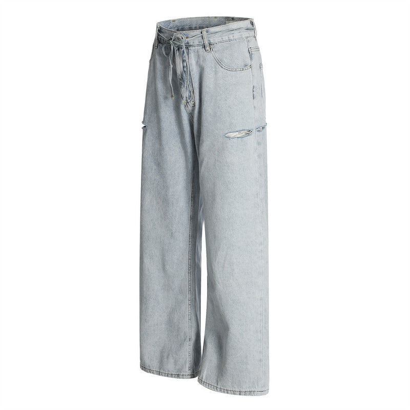 Wide-Leg Distressed Jeans – Light Blue Acid-Washed Straight-Cut Denim with
