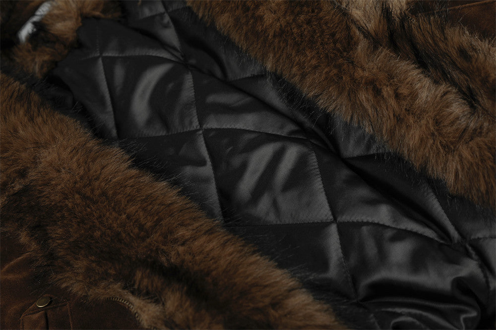 Faux Mink Fur-Trimmed Hooded Bomber Jacket with Toggle Clasps