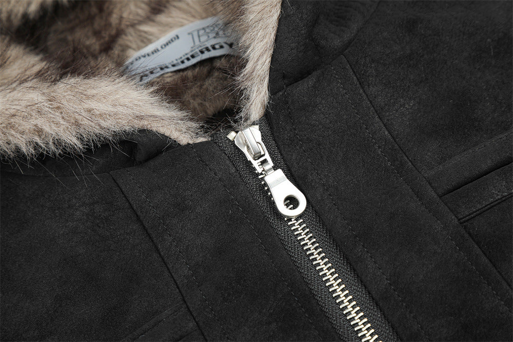 Men's Faux Fur-Lined Hooded Bomber Jacket – Double-Breasted PU Suede Winter Coat