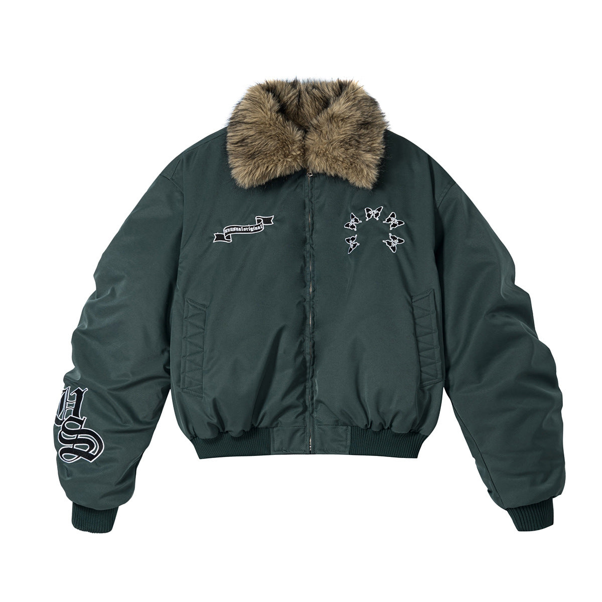 Herren-Schwarze-Pufferjacke mit Fellkragen – Bomberjacke mit Schmetterlingsstickerei