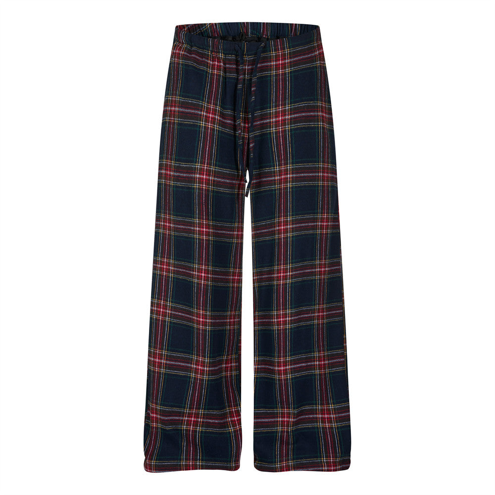 Pantalon à jambes larges bleu marine et rouge à carreaux tartan, ceinture élastique avec cordon de serrage, vues avant et arrière