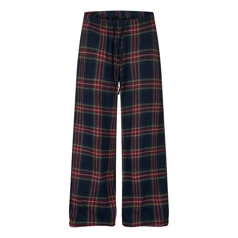 Pantalon à jambes larges bleu marine et rouge à carreaux tartan, ceinture élastique avec cordon de serrage, vues avant et arrière