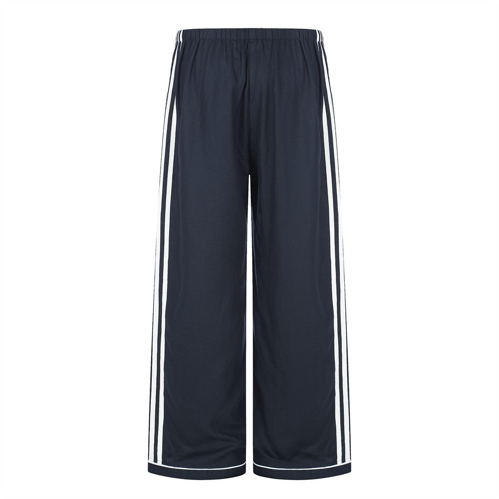 Wide-Leg Track Pants with Side Stripes & Drawstring Waist