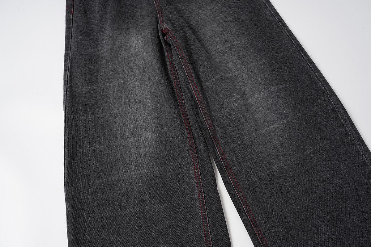 Wide-Leg Jeans Washed Black Gothic Wing Print with Red Contrast Stitching