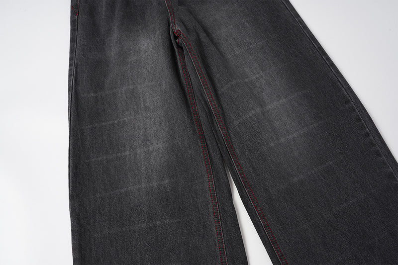 Wide-Leg Jeans Washed Black Gothic Wing Print with Red Contrast Stitching