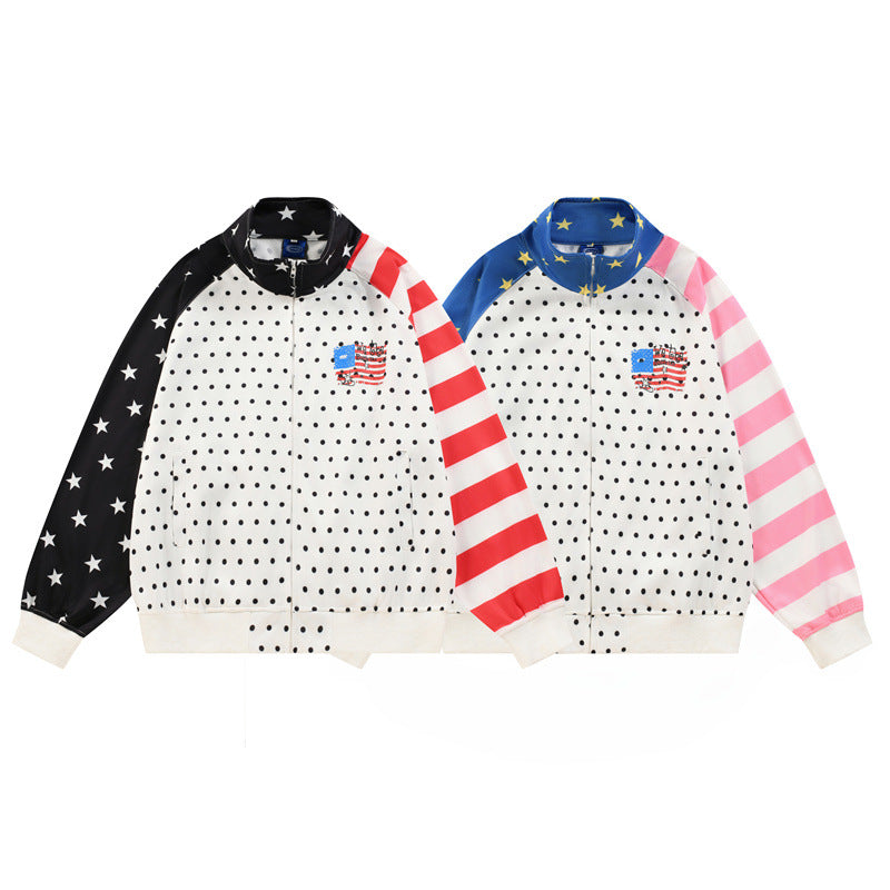 Polka Dot Colorblock Stand Collar Zip-Up Jacket – Stars & Stripes Patchwork