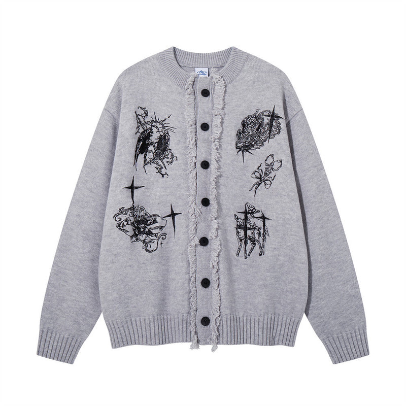Oversized Knit Cardigan Sweater with Gothic Graphic Embroidery and Fringe Trim