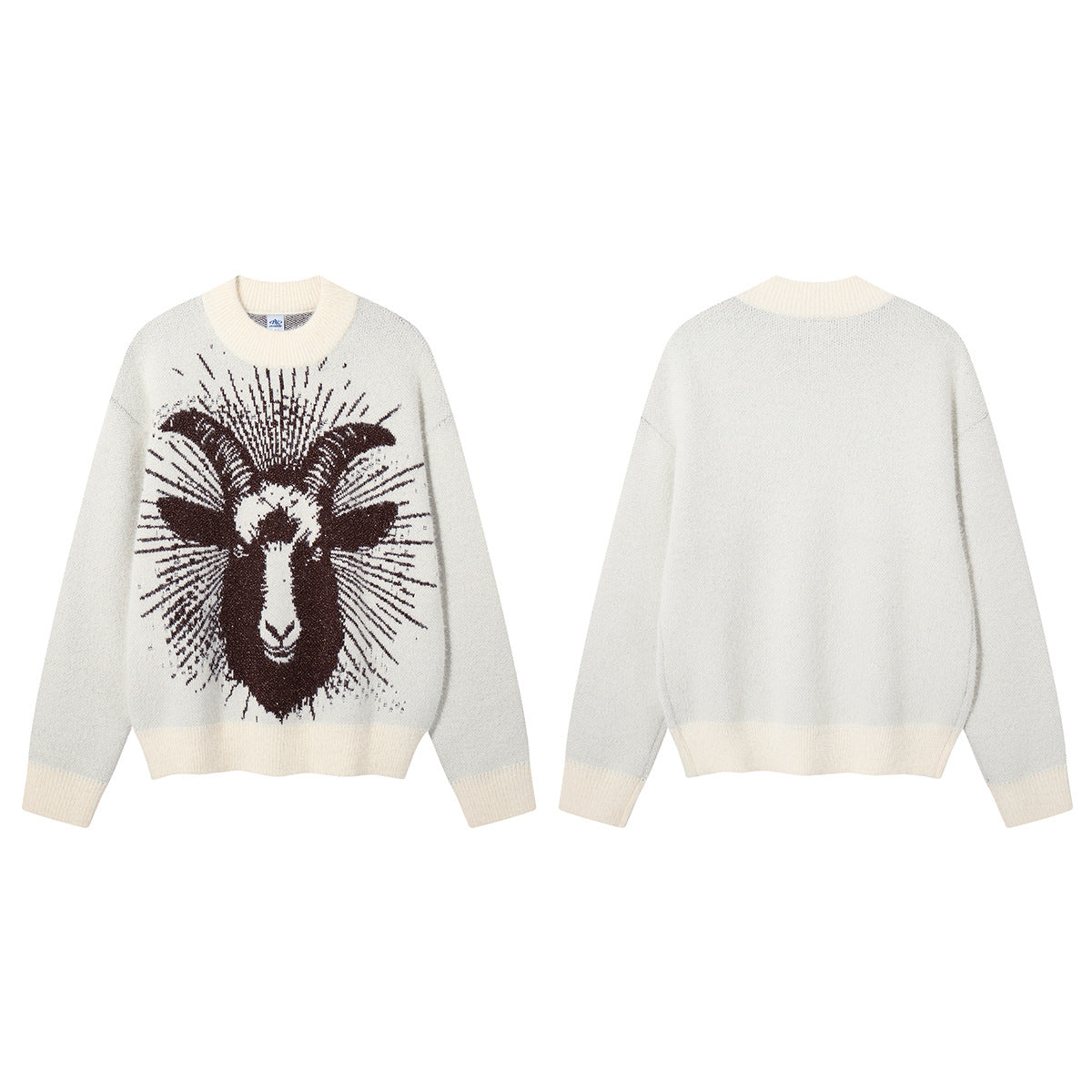 Ram Jacquard Crew Neck Knit Sweater – Oversized Streetwear Pullover
