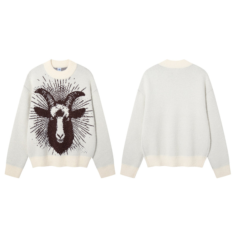 Ram Jacquard Crew Neck Knit Sweater – Oversized Streetwear Pullover
