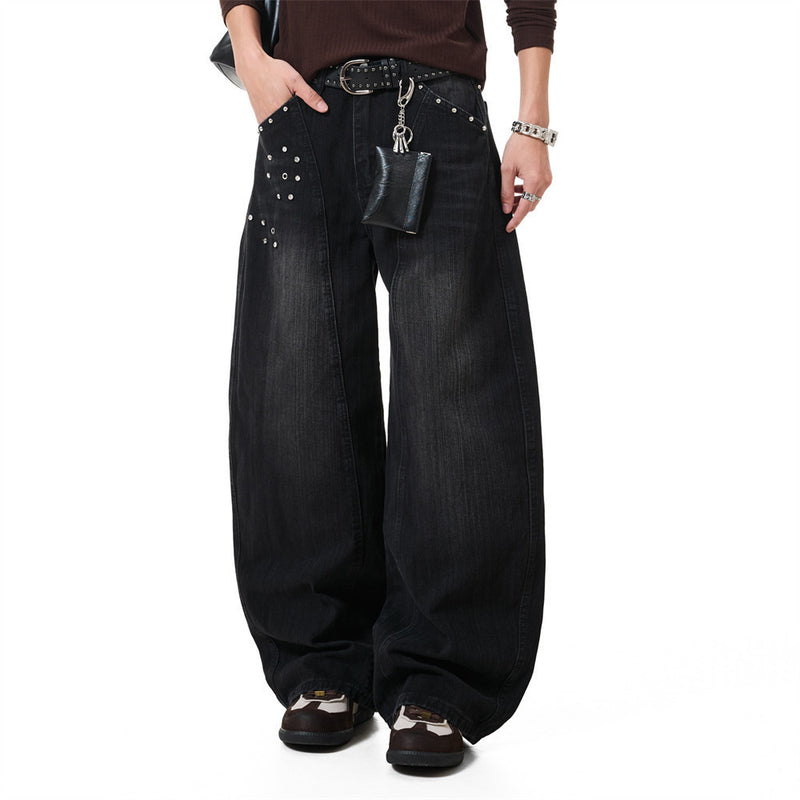 Men's Baggy Black Jeans Wide-Leg Rivet Punk Washed Denim Pants