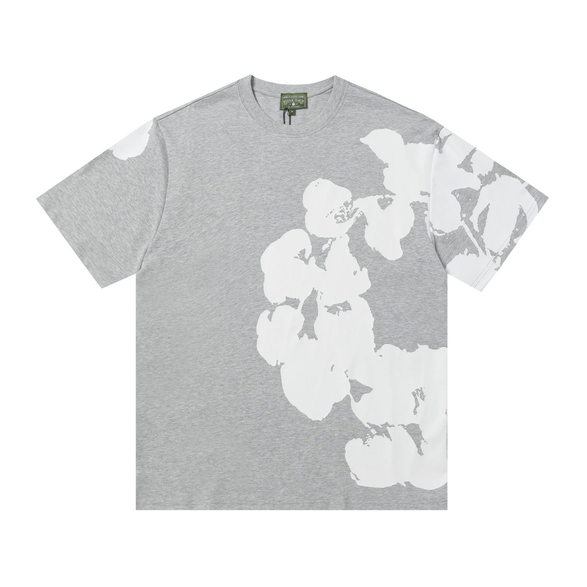 Denim Tears grey heather T-shirt with oversized white floral graphic print on front and sleeves