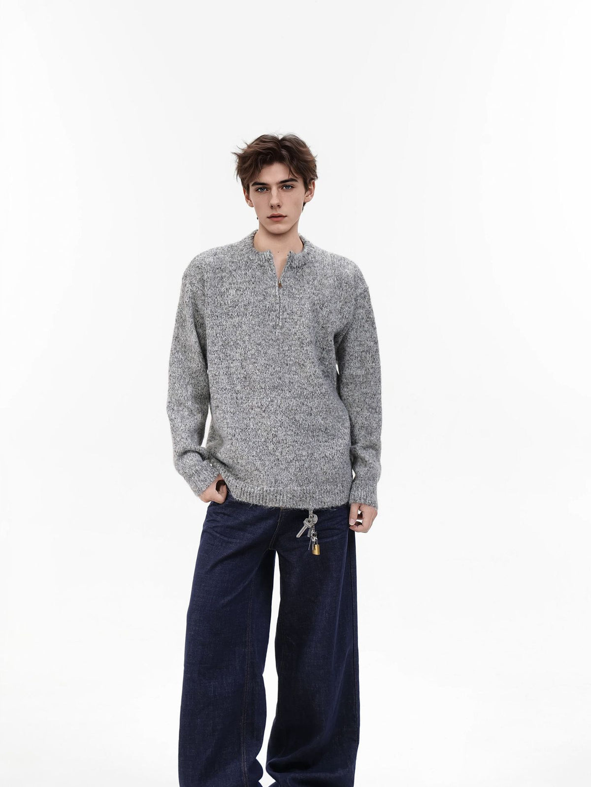Quarter-Zip Knit Sweater – Marled Relaxed-Fit Crewneck
