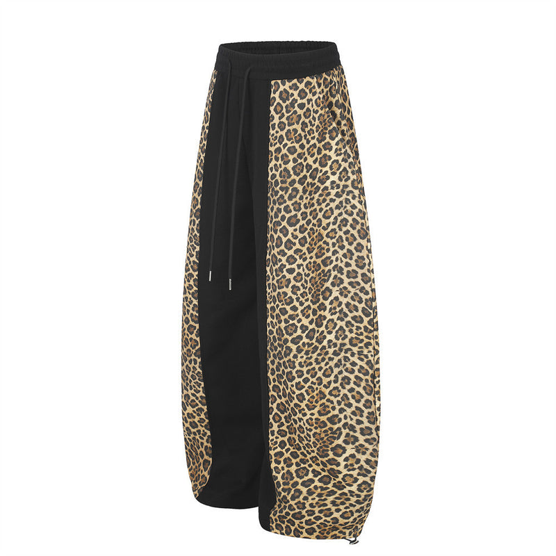 Men's Leopard Print Wide-Leg Sweatpants – Black Colorblock Oversized Street