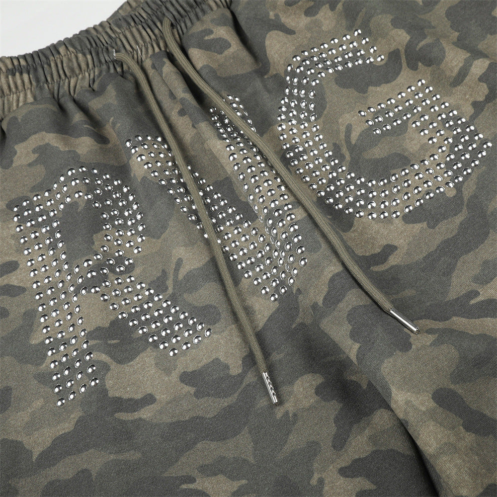 Men's Camo Wide-Leg Cargo Pants with Rhinestone Letters & Multi-Pocket Design