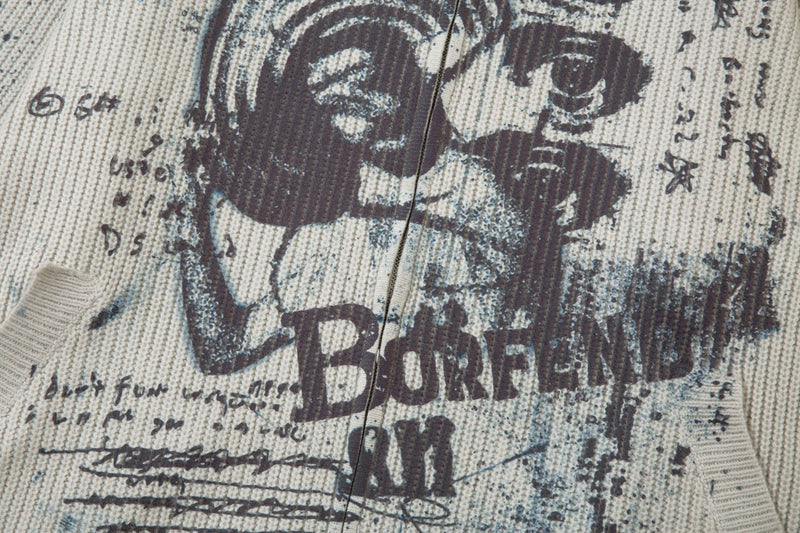 Veste pull zippée en maille imprimée ours graffiti – Col montant, éclaboussures d’encre, vintage