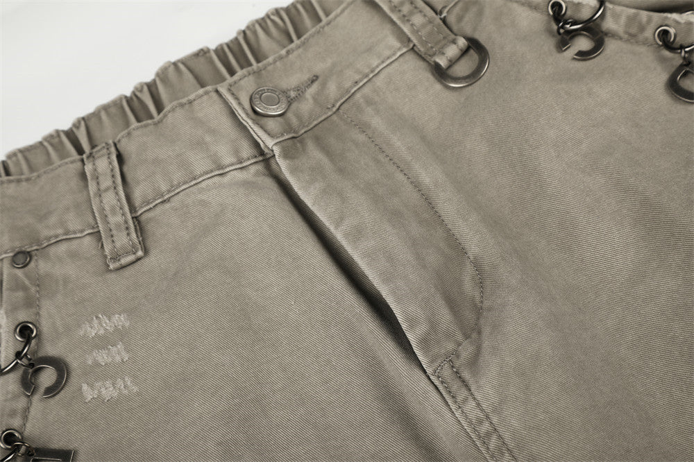 Pantalon cargo wide leg – Kaki délavé, éclaboussures de peinture et chaîne métallique