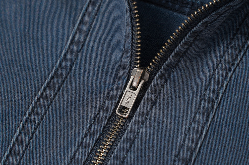 Blouson bomber en jean délavé – Col tissé en PU et coutures déconstruites
