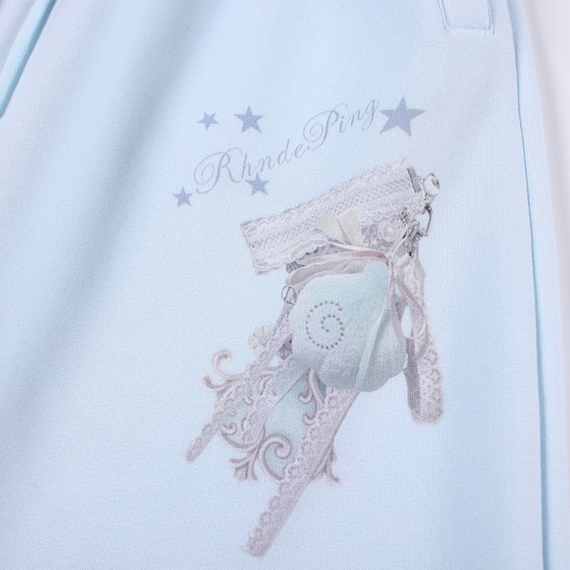 Wide-Leg Sweatpants with 3D Rose & Butterfly Print, Elastic Drawstring Waist