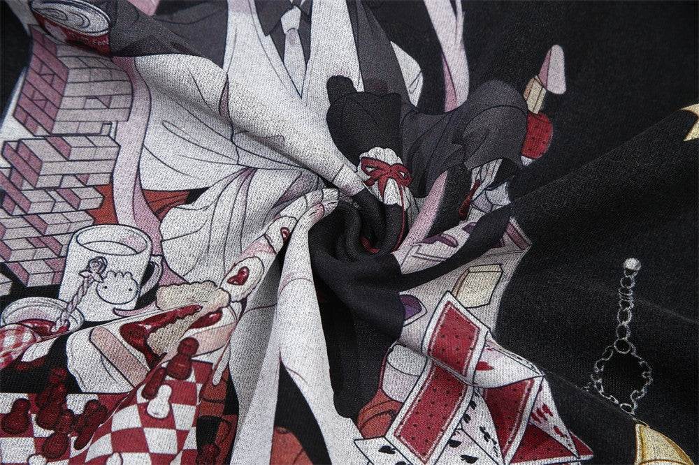Anime-Grafik Oversized Rundhals-T-Shirt – Monskiski Chess-Girl-Print