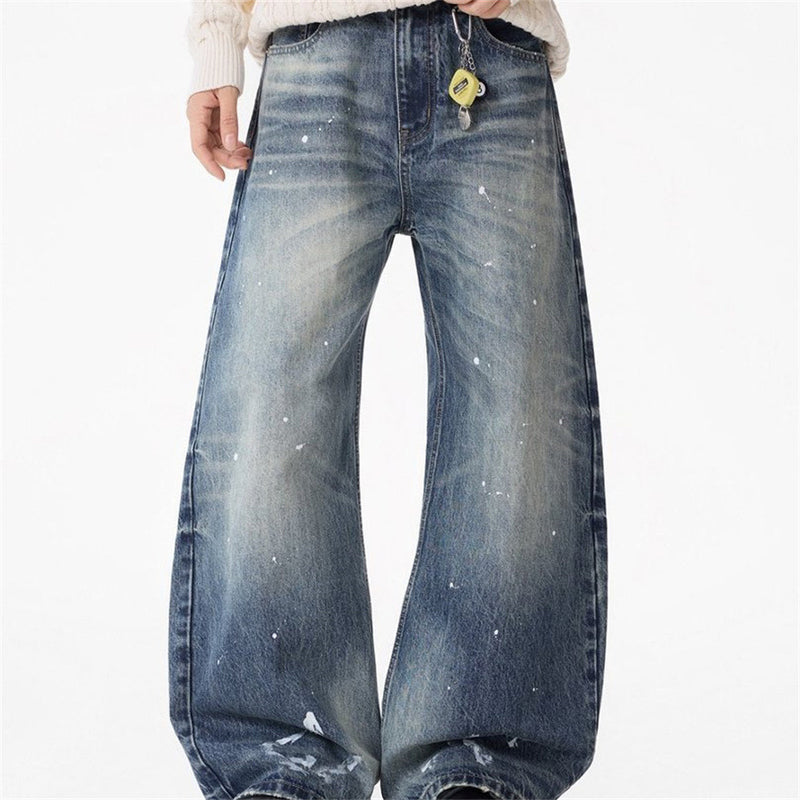 Wide-Leg Baggy Jeans – Vintage Wash, Paint Splatter & Distressed Hem