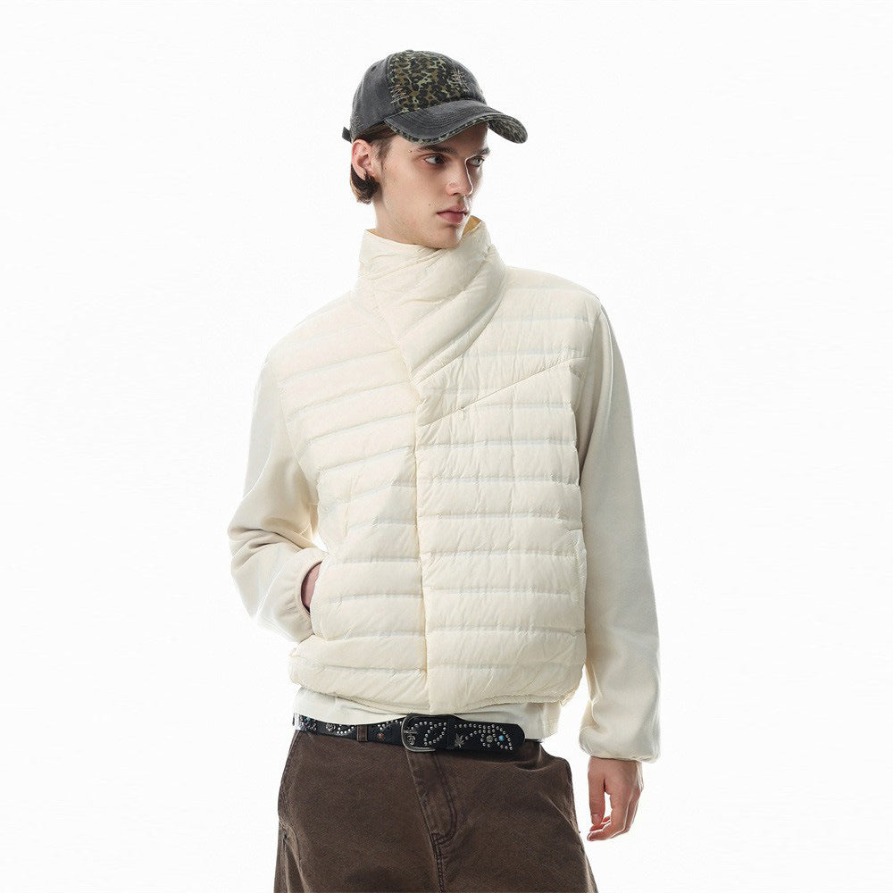 Men's Asymmetric Stand Collar Quilted Down Jacket – Diagonal Placket Puffer Coat