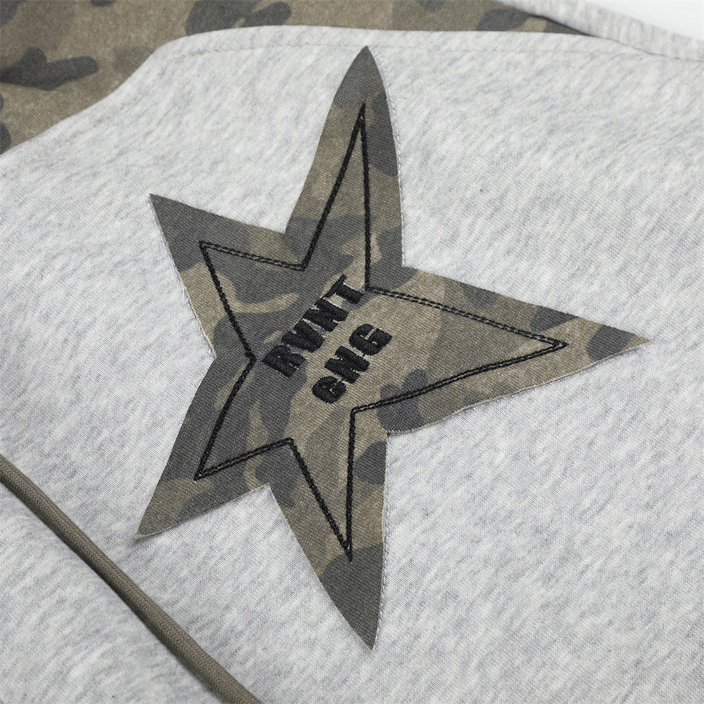 Wide-Leg Sweatpants with Camo Waistband & Star Patch – Men's Oversized