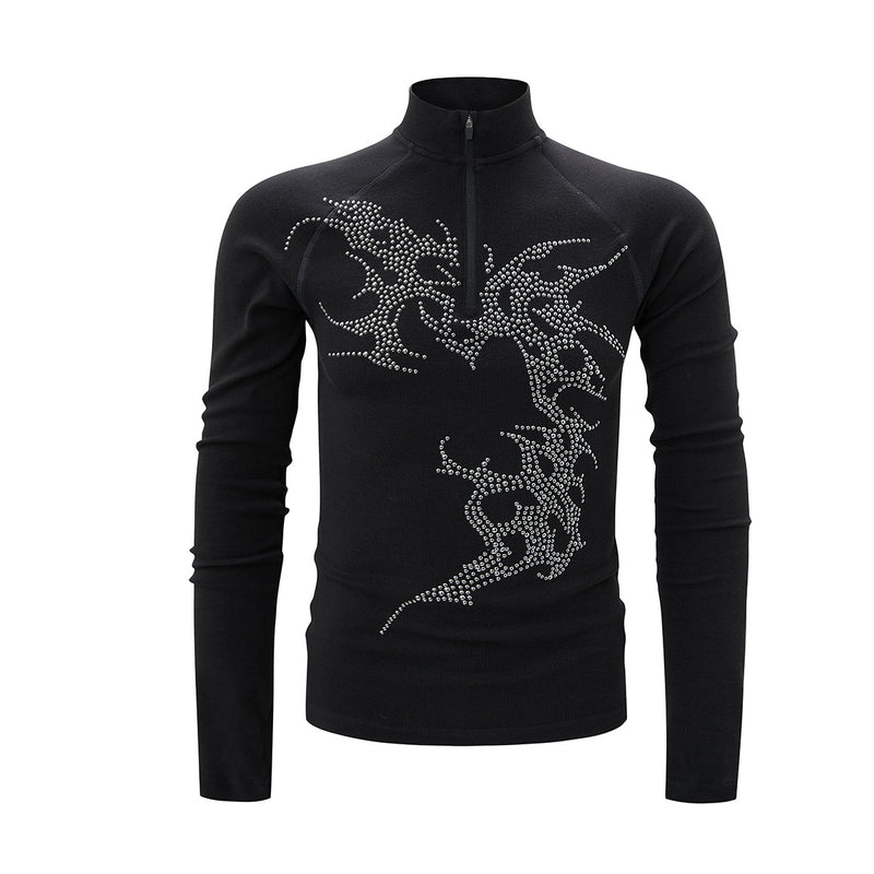 Rhinestone Dragon Mock Neck Quarter-Zip Long Sleeve Shirt