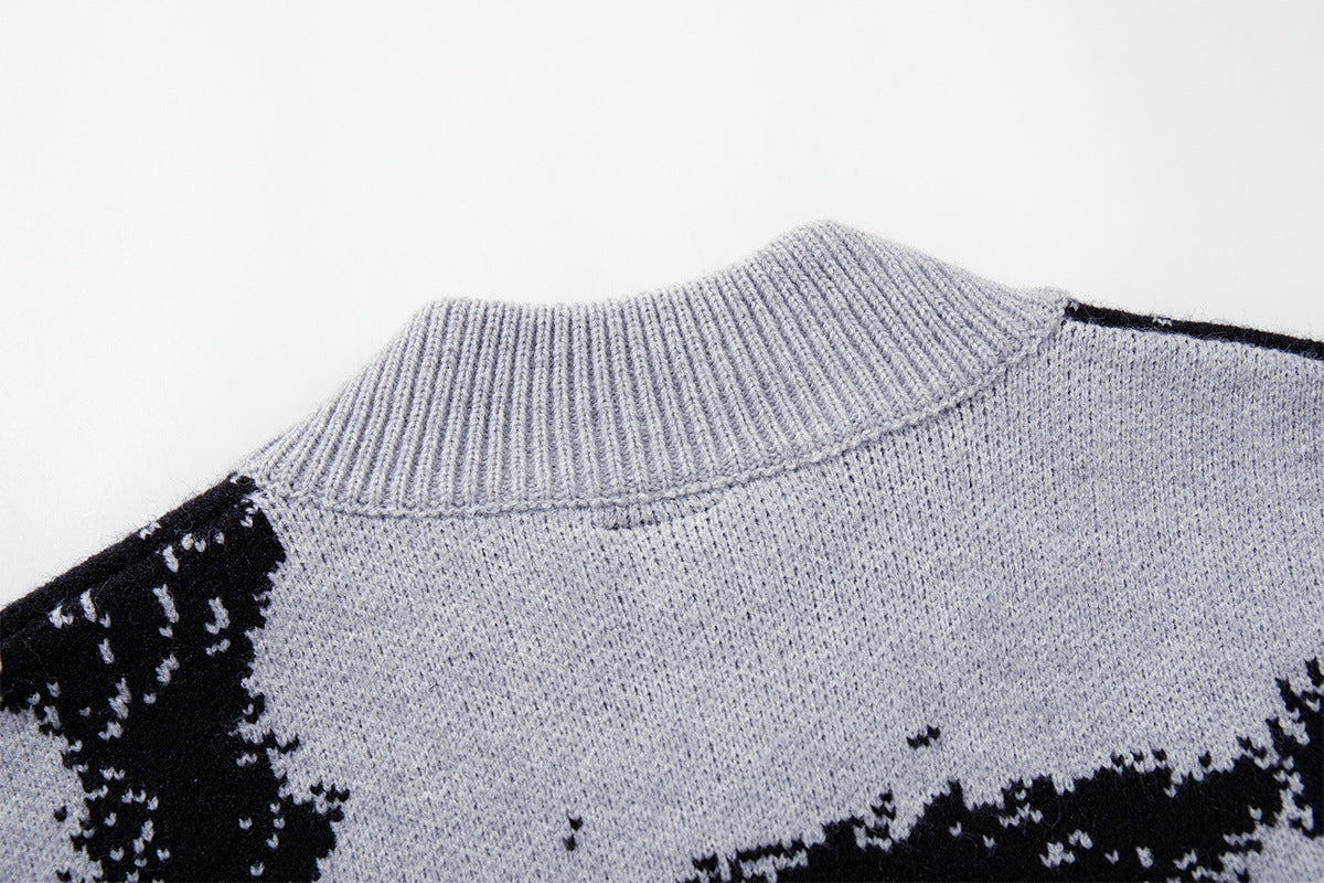 Abstract Bear Jacquard Knit Zip-Up Cardigan Sweater – Oversized High-Street