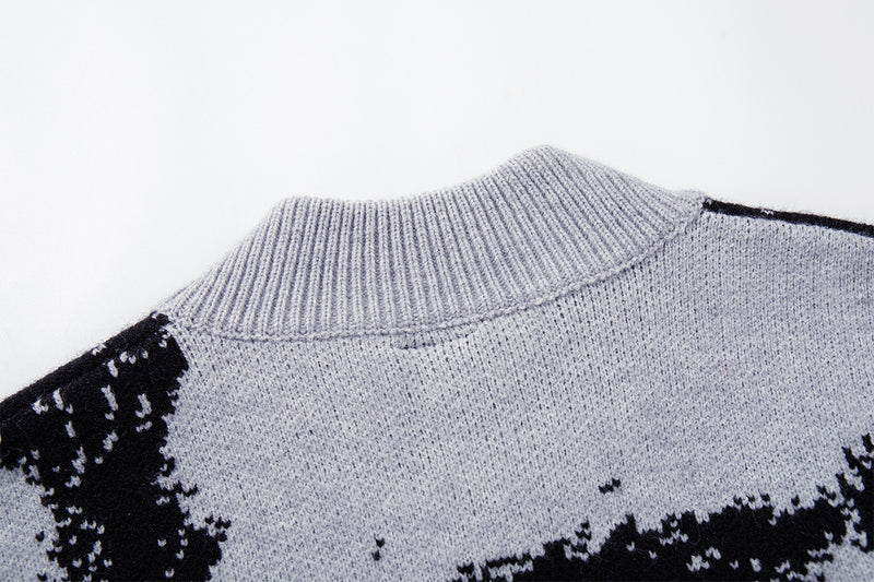 Abstract Bear Jacquard Knit Zip-Up Cardigan Sweater – Oversized High-Street