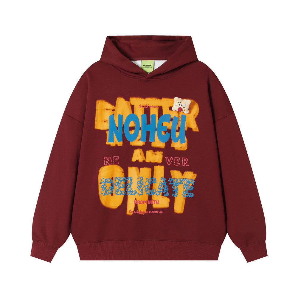 Sudadera con capucha oversize de hombre con estampado gráfico de letras estilo grafiti y parche de oso en color burdeos